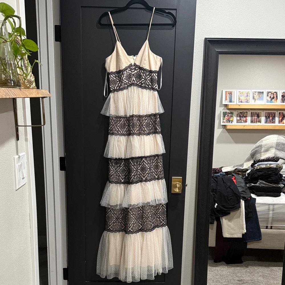 BCBG Cream and Black Tiered Maxi Dress